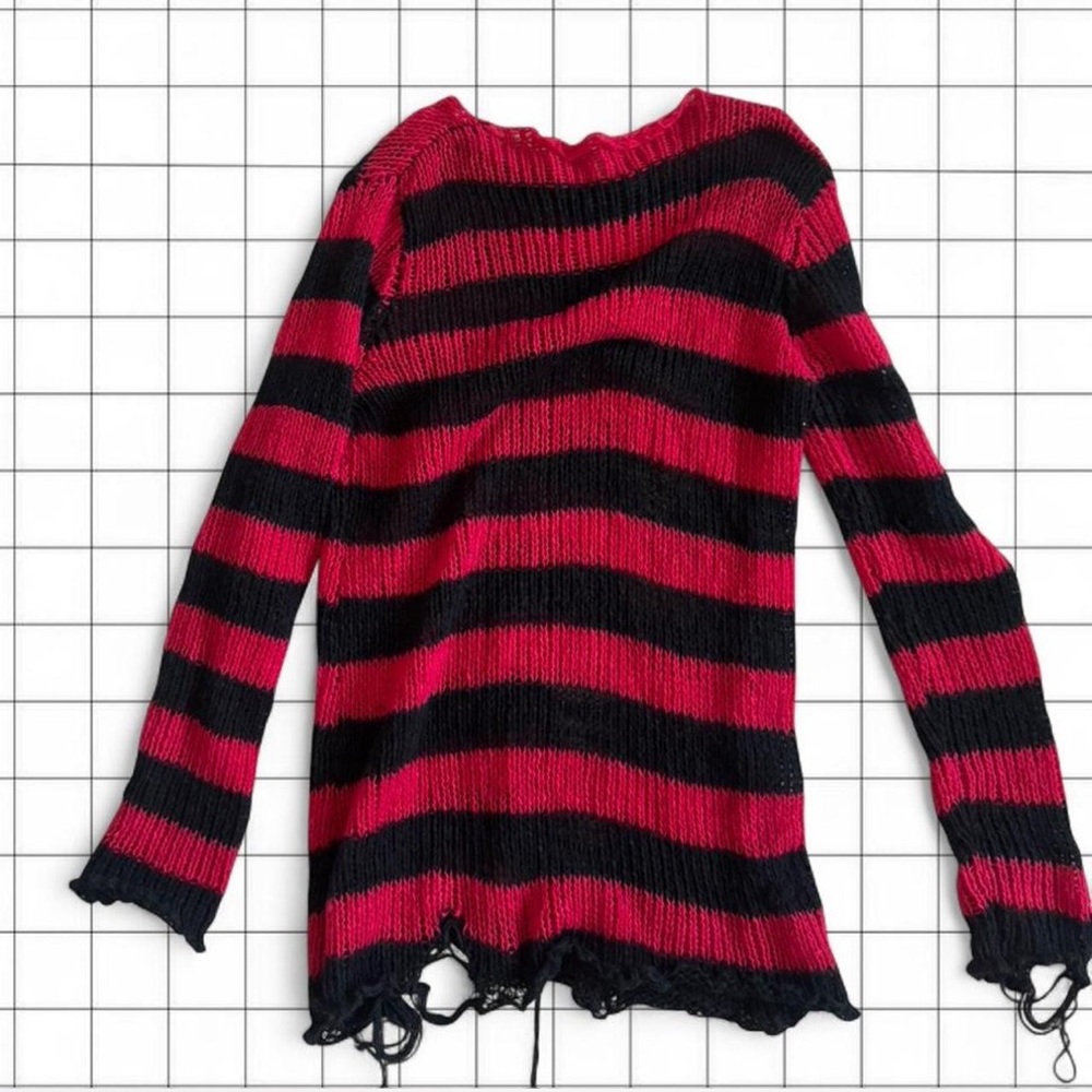 Striped Distressed Knit Sweater - Red & Black - Picture 3 of 4